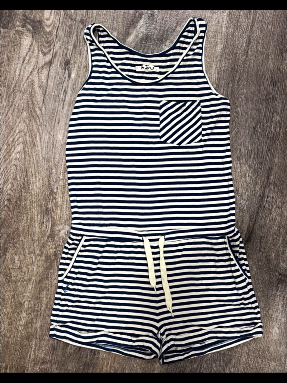Kavu Navy and White Striped Tank Romper